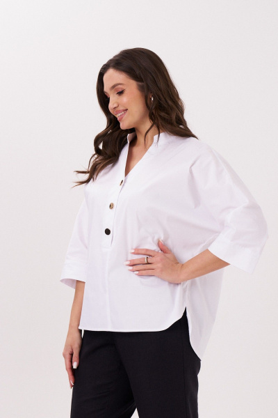 Длинная белая блузка-рубашка с воротником и накладными карманами Панда ПА-485140p белый - фото 3