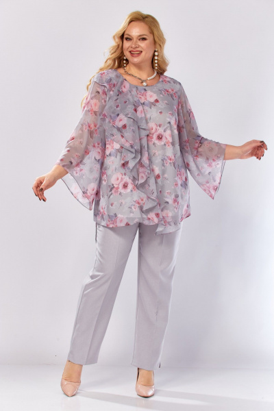 Блуза, брюки Элль-стиль 2460 серый_розовый_принт - фото 21