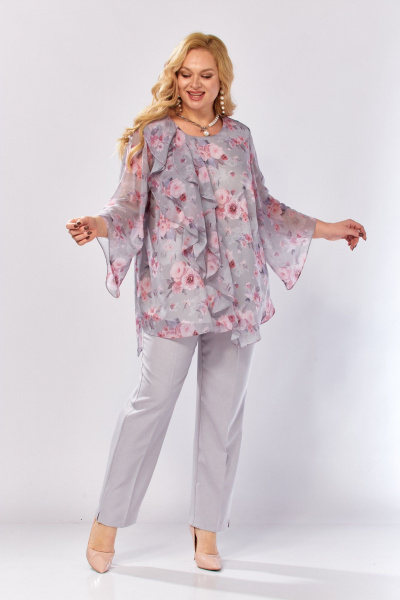 Блуза, брюки Элль-стиль 2460 серый_розовый_принт - фото 20