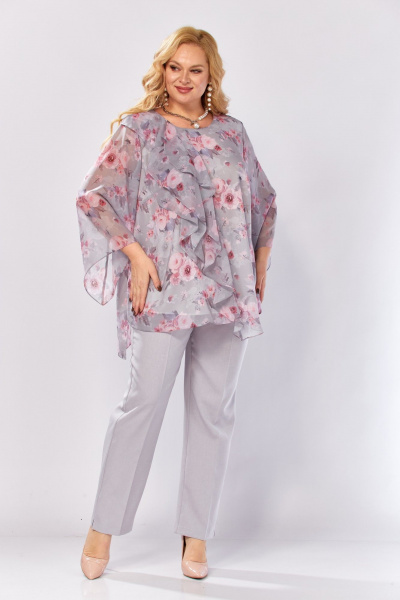 Блуза, брюки Элль-стиль 2460 серый_розовый_принт - фото 19