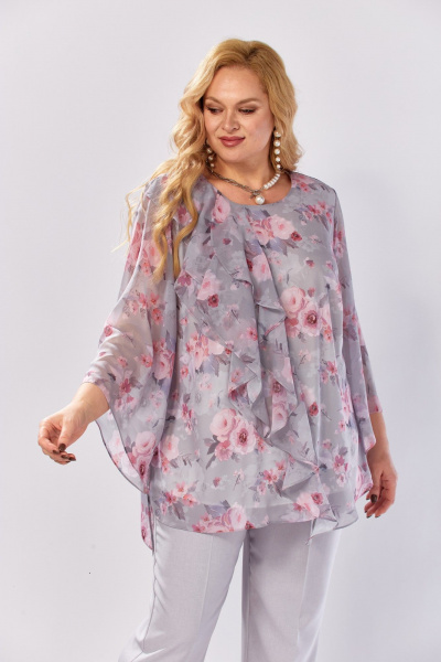 Блуза, брюки Элль-стиль 2460 серый_розовый_принт - фото 11