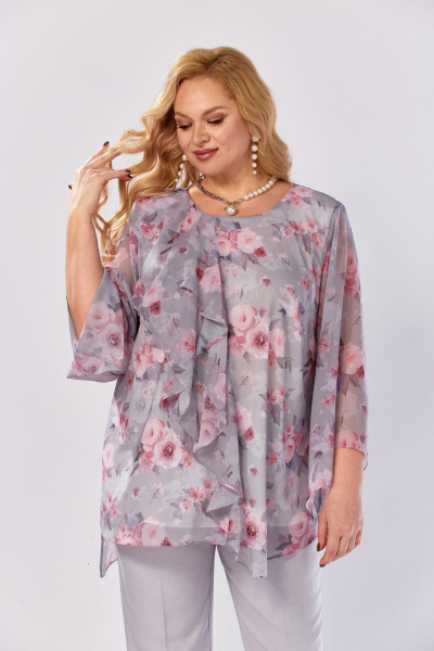 Блуза, брюки Элль-стиль 2460 серый_розовый_принт - фото 9