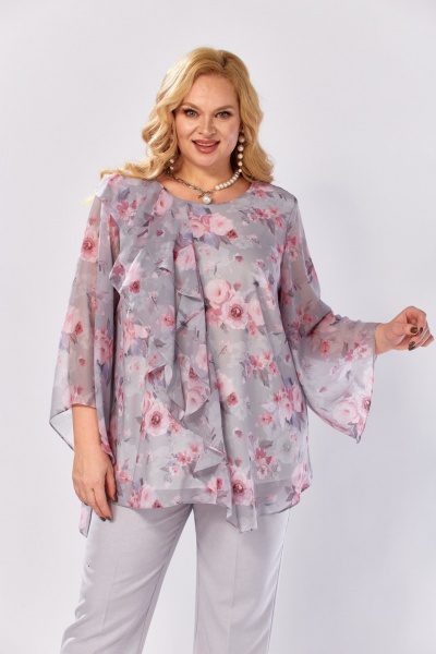 Блуза, брюки Элль-стиль 2460 серый_розовый_принт - фото 8