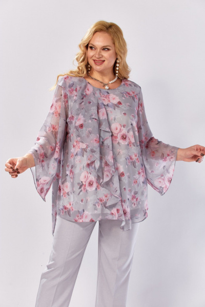 Блуза, брюки Элль-стиль 2460 серый_розовый_принт - фото 7