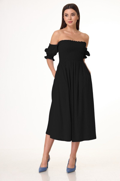 Миди платье из льняной ткани с молнией и коротким рукавом Anelli 1032 черный - фото 1