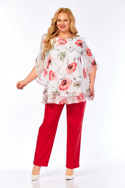 Блуза, брюки Элль-стиль 2213/13 красный_белый_принт_маки - фото 20