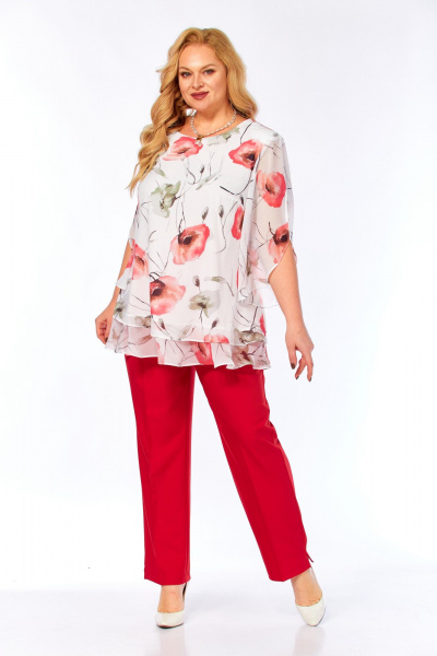 Блуза, брюки Элль-стиль 2213/13 красный_белый_принт_маки - фото 19
