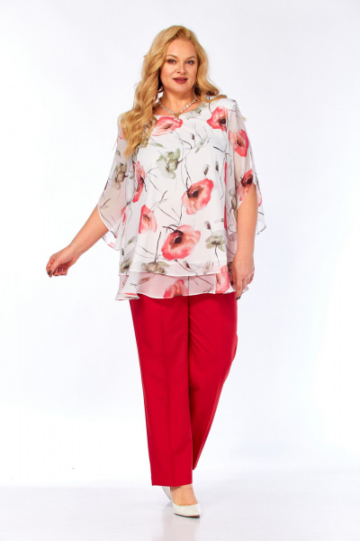 Блуза, брюки Элль-стиль 2213/13 красный_белый_принт_маки - фото 17