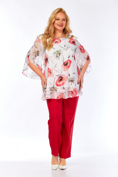 Блуза, брюки Элль-стиль 2213/13 красный_белый_принт_маки - фото 13