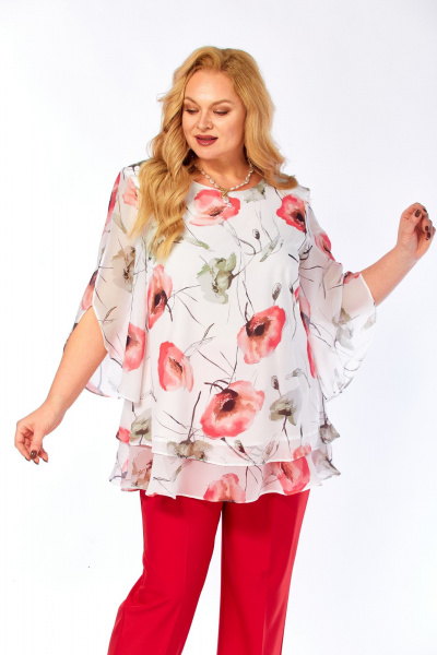 Блуза, брюки Элль-стиль 2213/13 красный_белый_принт_маки - фото 8