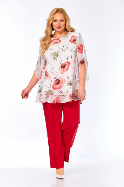 Блуза, брюки Элль-стиль 2213/13 красный_белый_принт_маки - фото 2