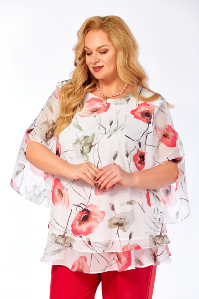 Блуза Элль-стиль 2213/13а белый_принт_маки - фото 9