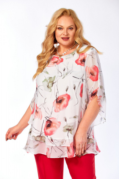 Блуза Элль-стиль 2213/13а белый_принт_маки - фото 1