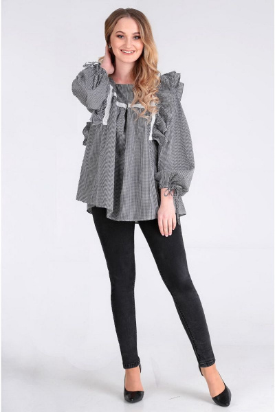 Блуза свободного силуэта с рукавами-клеш и принтом Таир-Гранд 62390 черно-белый - фото 5