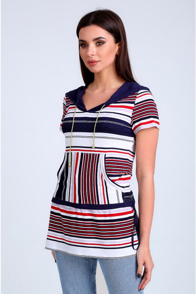 Легкая удлиненная блуза с капюшоном и карманами Таир-Гранд 62146 полоска - фото 1
