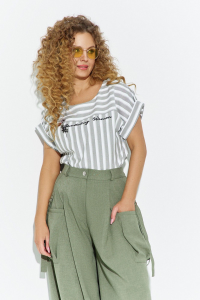 Блуза, брюки Euromoda 689 хаки/полоска - фото 2