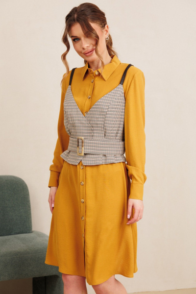 Жилет, платье, пояс AMORI 7100 горчица+клетка - фото 6