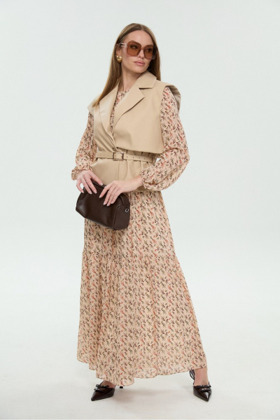 Жилет, платье NikVa 1045-1 крем-брюле и бежевый мультиколор - фото 15