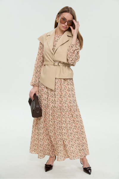 Жилет, платье NikVa 1045-1 крем-брюле и бежевый мультиколор - фото 13
