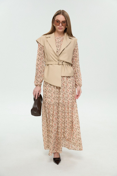 Жилет, платье NikVa 1045-1 крем-брюле и бежевый мультиколор - фото 1