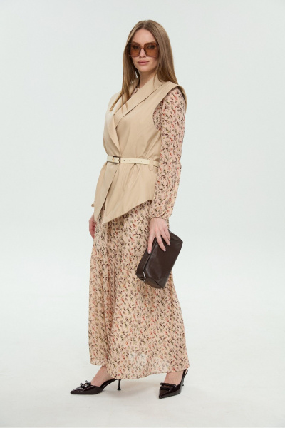 Жилет, платье NikVa 1046-1 крем-брюле и бежевый мультиколор - фото 14