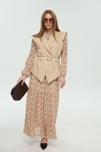 Жилет, платье NikVa 1046-1 крем-брюле и бежевый мультиколор - фото 13