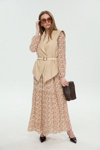 Жилет, платье NikVa 1046-1 крем-брюле и бежевый мультиколор - фото 10