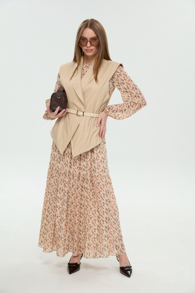 Жилет, платье NikVa 1046-1 крем-брюле и бежевый мультиколор - фото 2