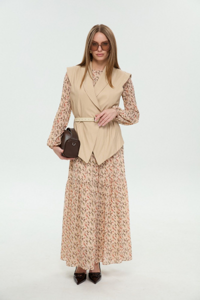 Жилет, платье NikVa 1046-1 крем-брюле и бежевый мультиколор - фото 1