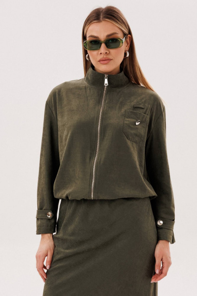 Костюм куртка и юбка на каждый день из бархатистого полотна Fantazia Mod 5079 хаки - фото 8