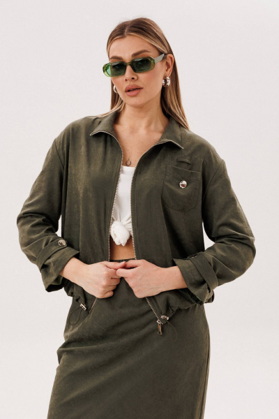 Костюм куртка и юбка на каждый день из бархатистого полотна Fantazia Mod 5079 хаки - фото 4