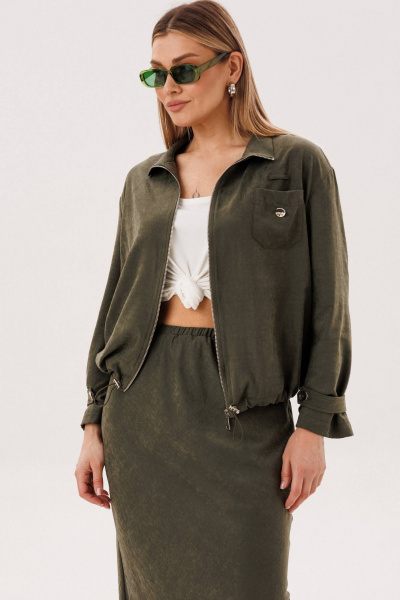 Костюм куртка и юбка на каждый день из бархатистого полотна Fantazia Mod 5079 хаки - фото 3