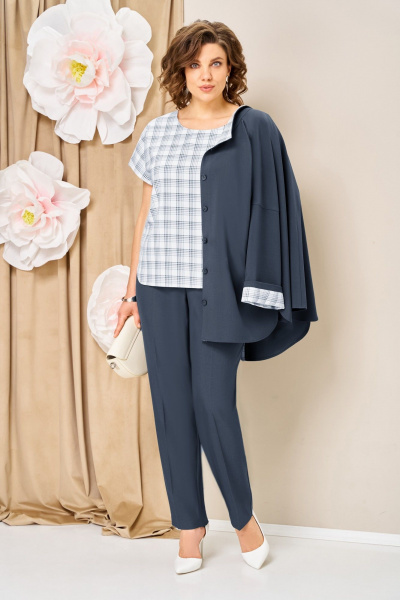 Блуза, брюки, жакет VOLNA 1427 синий-графит - фото 2