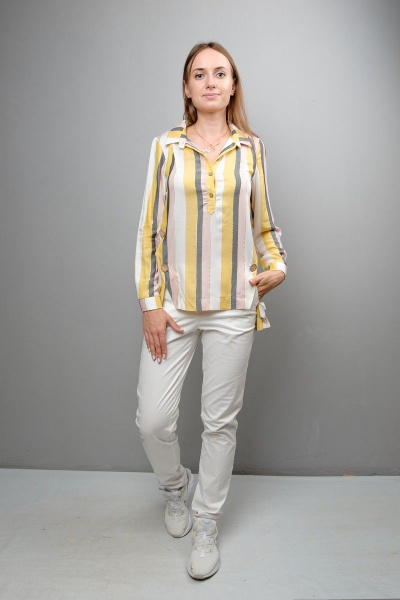 Блуза прямого кроя с декоративными рельефами и пуговицами Mita ЖМ999А желто-серо-розовая - фото 1
