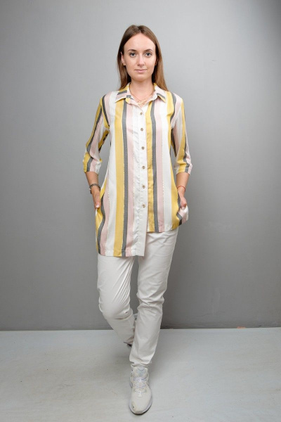Блуза прямого силуэта с ассиметричным низом и пуговицами Mita ЖМ1037 желто-серо-розовая_полоска - фото 1