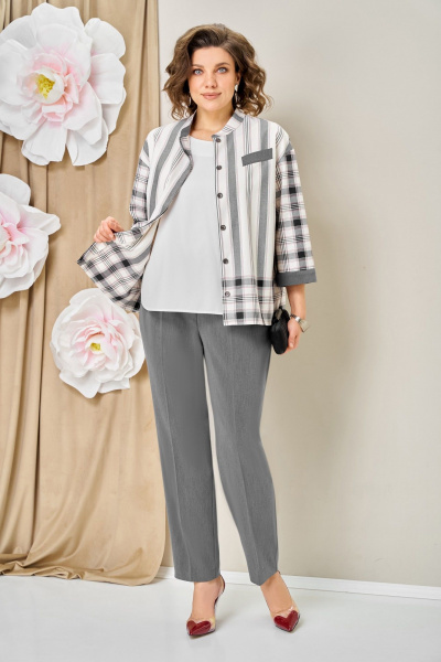Блуза, брюки, жакет VOLNA 1465 серо-белый - фото 3