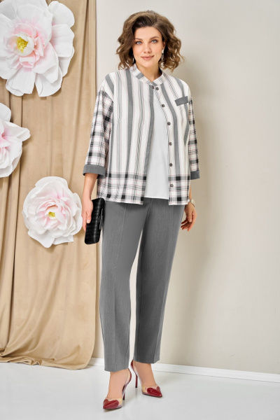 Блуза, брюки, жакет VOLNA 1465 серо-белый - фото 2