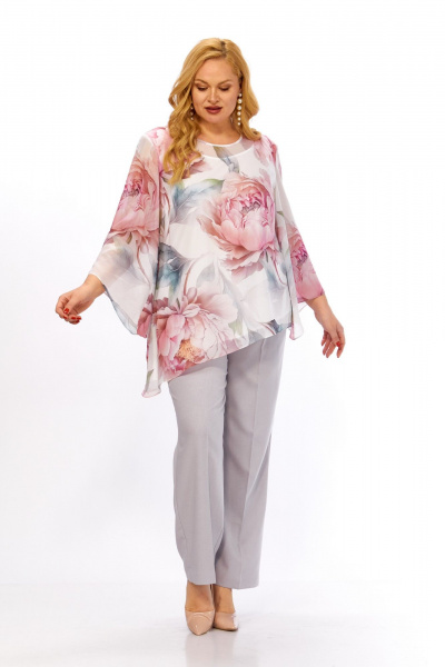 Блуза, брюки Элль-стиль 2467 белый_розовый_принт_серый - фото 9