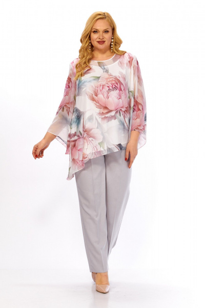 Блуза, брюки Элль-стиль 2467 белый_розовый_принт_серый - фото 7