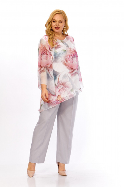 Блуза, брюки Элль-стиль 2467 белый_розовый_принт_серый - фото 4