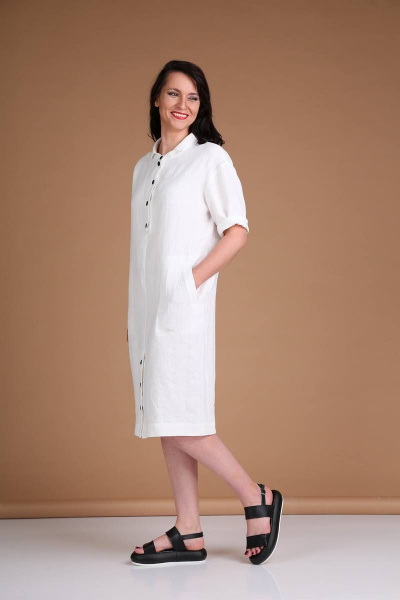 Платье из льна, прямой силуэт, приспущенное плечо, застежка на кнопки Ma Vie М178/1 белый - фото 2