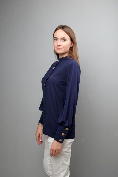 Блуза с воротником-стойкой и пышным рукавом из хлопка Mita ЖМ1086 синий - фото 2