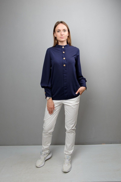 Блуза с воротником-стойкой и пышным рукавом из хлопка Mita ЖМ1086 синий - фото 1
