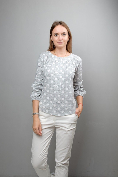 Демисезонная свободная блуза из трикотажа с манжетой и круглой горловиной Mita КМ350 серый_горох - фото 1