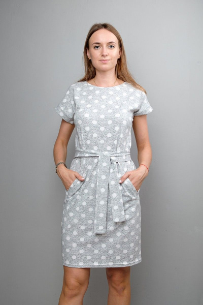 Платье прямое из хлопка с поясом и карманами Mita КМ401 серый_горох - фото 1