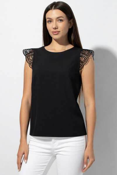 Блуза полуприлегающая с кружевом и кружевным крылышком VIZAVI 673 черный - фото 6