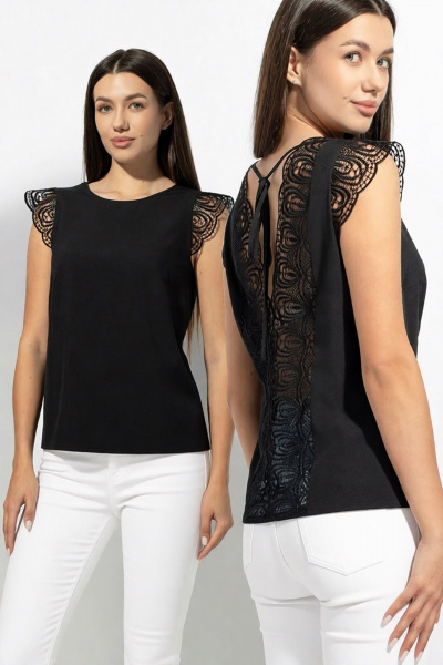 Блуза полуприлегающая с кружевом и кружевным крылышком VIZAVI 673 черный - фото 1
