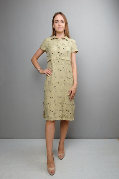 Платье полуприлегающего силуэта с пуговицами и отложным рукавом Mita ЖМ1050 светлый-хаки - фото 1