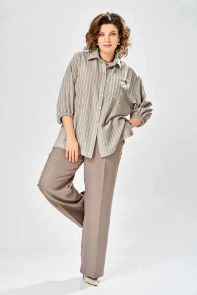 Блуза, брюки Ольга Стиль С-1017 хаки-коричневый - фото 1