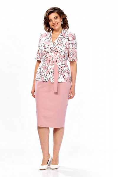 Жакет, юбка Милора-стиль 1361 розовый+цветы - фото 1